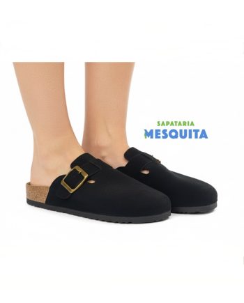 chinelo de senhora fechado com fivela cor preto em camurça