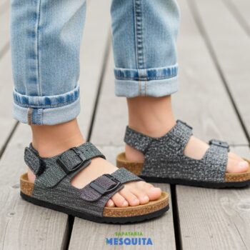 Sandália para criança de menina com velcro e 2 fivelas cor preto brilhante