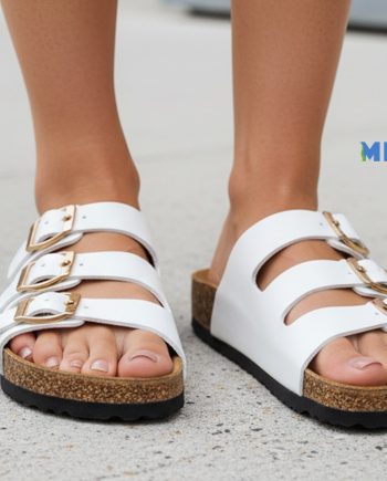 chinelo de senhora em pele sintética branca com 3 fivelas