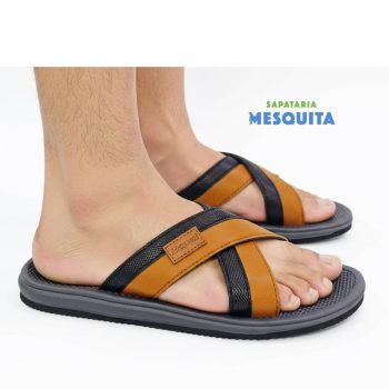 chinelo de homem(beppi) de tiras cruzadas cor camel com preto