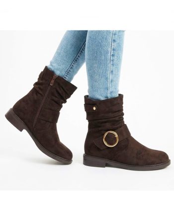 bota de senhora tacão baixo cano17 cm saltars camurça castanha