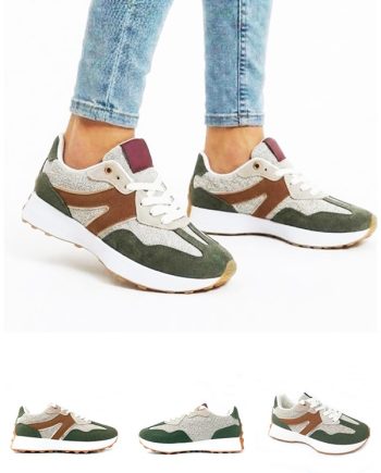 tênis Casual Feminino Verde Oliva e Bege – Estilo Retro Runner